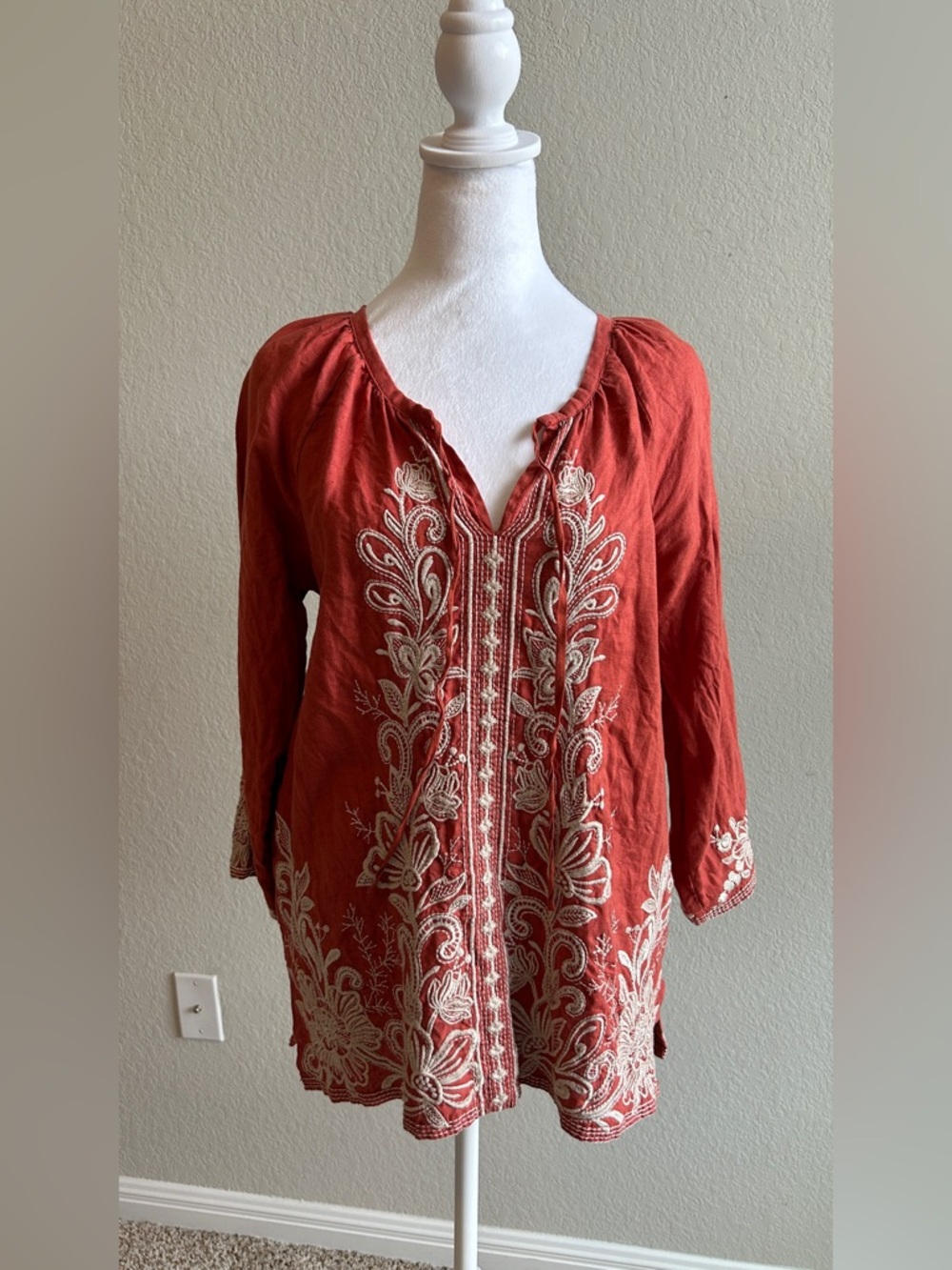 JOHNNY WAS Linen Jewel Peasant Split-Neck Tunic Top Size Small